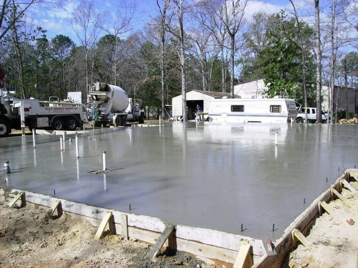 Freshly poured concrete foundation slab
