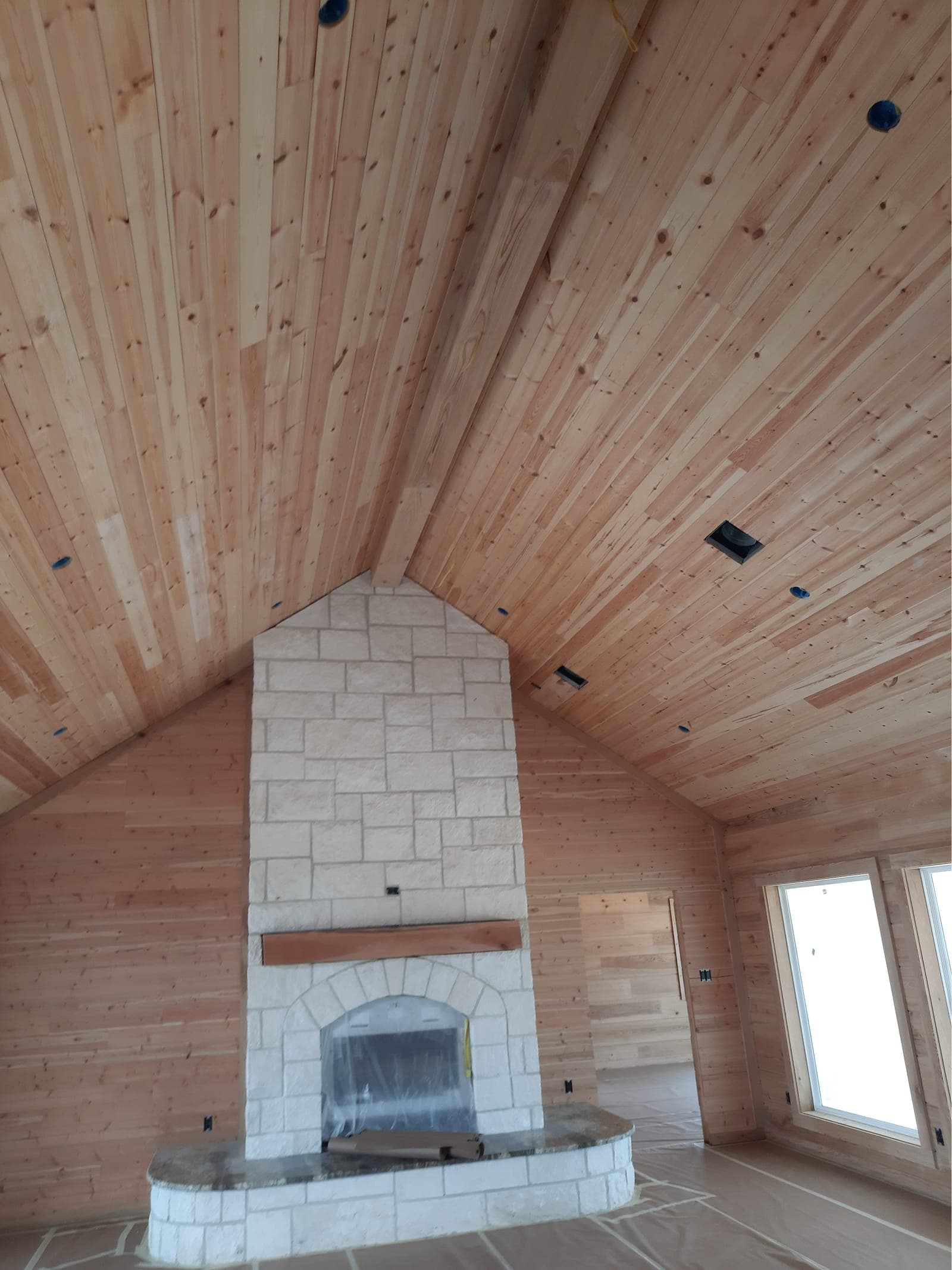 Wood-clad vaulted ceiling and stone fireplace